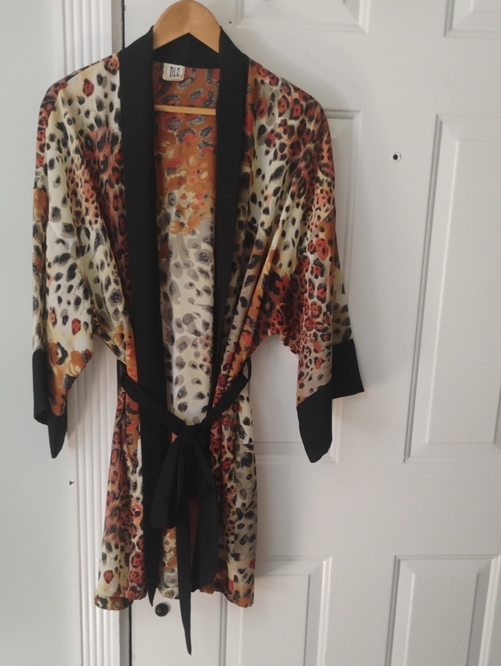 Vintage 1980 DLC Lingerie Leopard Print Satin Robe with Black Trim - Multicolor